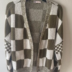 SO Women's Olive Green and White Checkered Cardigan